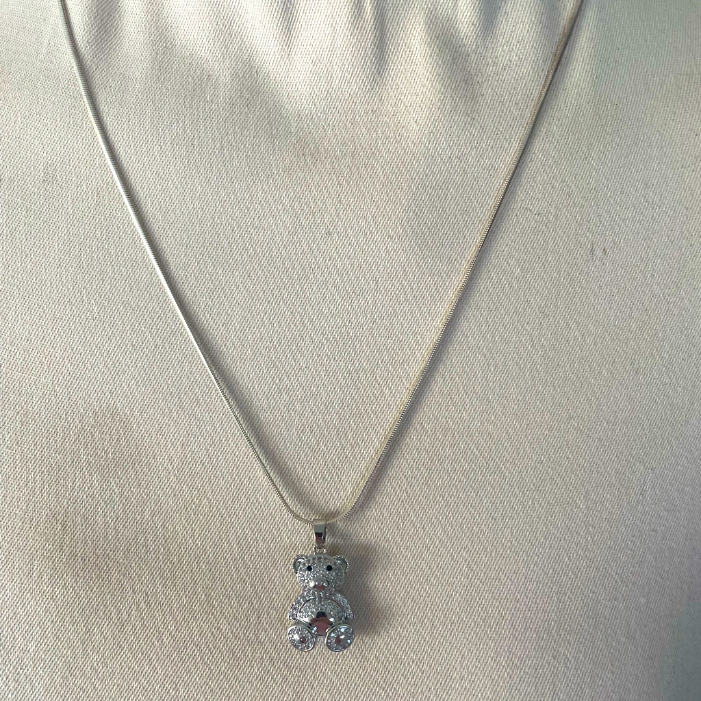 Teddy Bear Necklace Cz Bear On Sterling Silver Snake Chain 20 In Nwt In Box